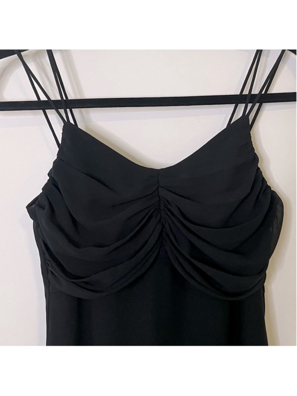Black Cocktail Evening Dress Sheer Chiffon Midi Flowy Spaghetti Straps Petite S - Picture 4 of 8